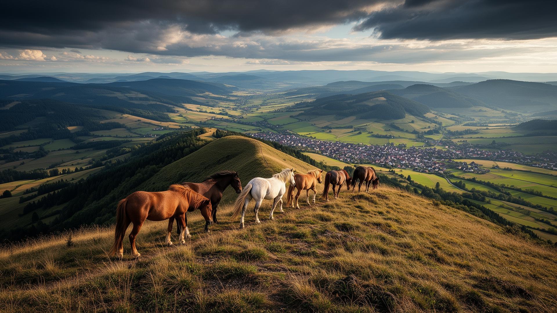 Chevaux en randonnée dans un paysage vallonné des Vosges